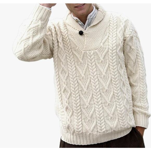 Aran Crafts 100% Merino Wool Shawl Collar Cable Knit Pullover Sweater Cream XL